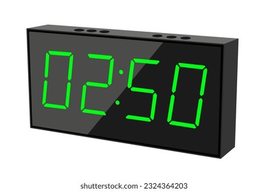 Vector flat illustration of a digital clock displaying 02.50 . Illustration of alarm with digital number design. Clock icon for hour, watch, alarm signs.