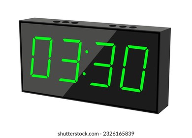 Vector flat illustration of a digital clock displaying 03.30 . Illustration of alarm with digital number design. Clock icon for hour, watch, alarm signs.