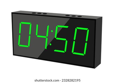 Vector flat illustration of a digital clock displaying 04.50 . Illustration of alarm with digital number design. Clock icon for hour, watch, alarm signs.