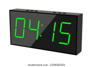 Vector flat illustration of a digital clock displaying 04.15 . Illustration of alarm with digital number design. Clock icon for hour, watch, alarm signs.