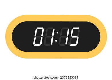 Vector flat illustration of a digital clock displaying 01.15 . Illustration of alarm with digital number design. Clock icon for hour, watch, alarm signs.