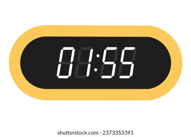 Vector flat illustration of a digital clock displaying 01.55 . Illustration of alarm with digital number design. Clock icon for hour, watch, alarm signs.