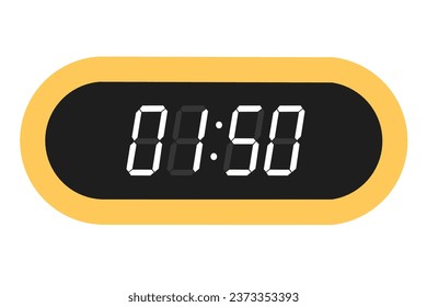 Vector flat illustration of a digital clock displaying 01.50 . Illustration of alarm with digital number design. Clock icon for hour, watch, alarm signs.