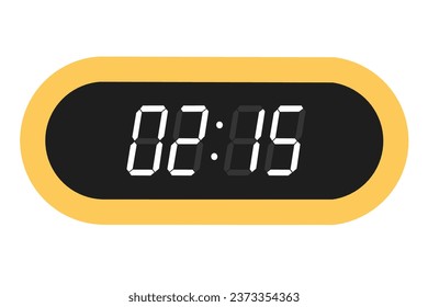 Vector flat illustration of a digital clock displaying 02.15 . Illustration of alarm with digital number design. Clock icon for hour, watch, alarm signs.