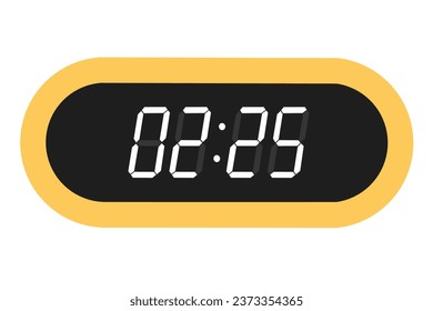 Vector flat illustration of a digital clock displaying 02.25 . Illustration of alarm with digital number design. Clock icon for hour, watch, alarm signs.