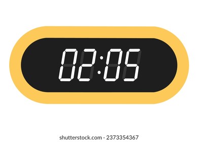 Vector flat illustration of a digital clock displaying 02.05 . Illustration of alarm with digital number design. Clock icon for hour, watch, alarm signs.
