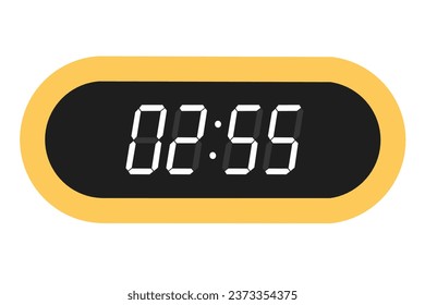 Vector flat illustration of a digital clock displaying 02.55 . Illustration of alarm with digital number design. Clock icon for hour, watch, alarm signs.