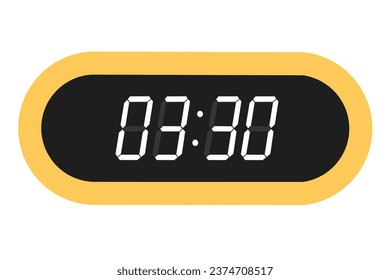 Vector flat illustration of a digital clock displaying 03.30 . Illustration of alarm with digital number design. Clock icon for hour, watch, alarm signs.