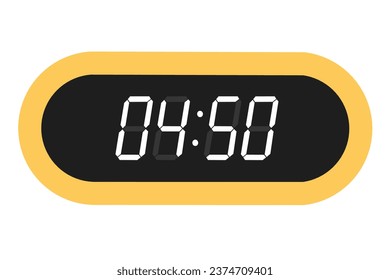 Vector flat illustration of a digital clock displaying 04.50 . Illustration of alarm with digital number design. Clock icon for hour, watch, alarm signs.