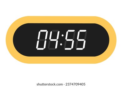 Vector flat illustration of a digital clock displaying 04.55 . Illustration of alarm with digital number design. Clock icon for hour, watch, alarm signs.