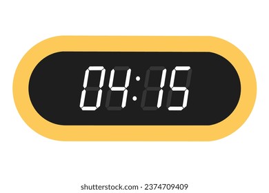 Vector flat illustration of a digital clock displaying 04.15 . Illustration of alarm with digital number design. Clock icon for hour, watch, alarm signs.