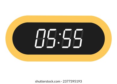 Vector flat illustration of a digital clock displaying 05.55 . Illustration of alarm with digital number design. Clock icon for hour, watch, alarm signs.