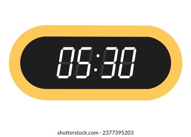 Vector flat illustration of a digital clock displaying 05.30 . Illustration of alarm with digital number design. Clock icon for hour, watch, alarm signs.