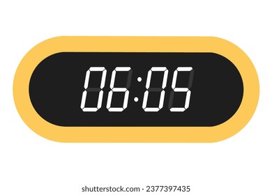 Vector flat illustration of a digital clock displaying 06.05 . Illustration of alarm with digital number design. Clock icon for hour, watch, alarm signs.