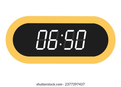 Vector flat illustration of a digital clock displaying 06.50 . Illustration of alarm with digital number design. Clock icon for hour, watch, alarm signs.