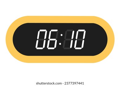 Vector flat illustration of a digital clock displaying 06.10 . Illustration of alarm with digital number design. Clock icon for hour, watch, alarm signs.