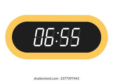 Vector flat illustration of a digital clock displaying 06.55 . Illustration of alarm with digital number design. Clock icon for hour, watch, alarm signs.