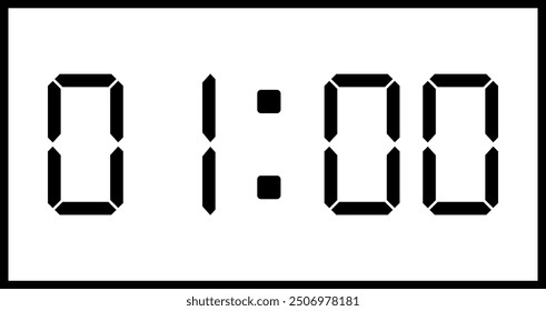 Vector plano ilustración de un reloj digital que muestra 01.00 . Ilustración de alarma con diseño de número digital. Icono del reloj para la hora, reloj, señales de alarma