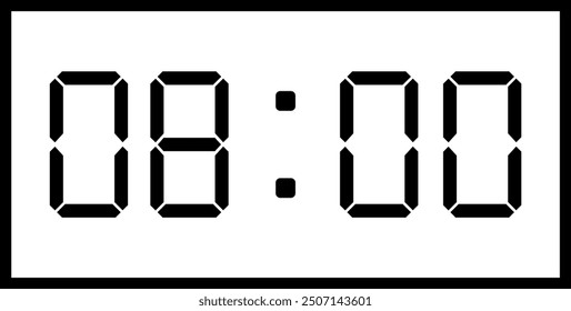 Vector flat illustration of a digital clock displaying 08:00 . Illustration of alarm with digital number design. Clock icon for hour, watch, alarm signs