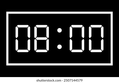 Vector flat illustration of a digital clock displaying 08:00 . Illustration of alarm with digital number design. Clock icon for hour, watch, alarm signs