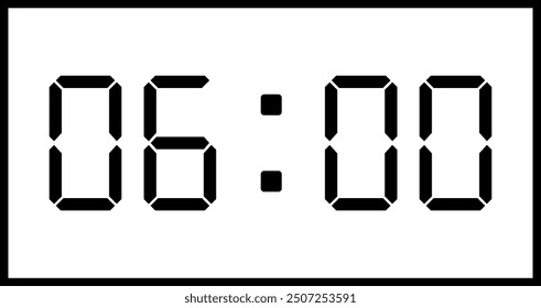 :Vector ilustración plana de un reloj digital que muestra 06:00 . Ilustración de alarma con diseño de número digital. Icono del reloj para la hora, reloj, señales de alarma.