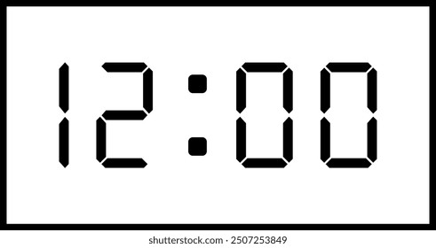 Vector flat illustration of a digital clock displaying 12:00 . Illustration of alarm with digital number design. Clock icon for hour, watch, alarm signs.