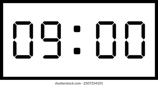 Vector flat illustration of a digital clock displaying 09:00 . Illustration of alarm with digital number design. Clock icon for hour, watch, alarm signs.