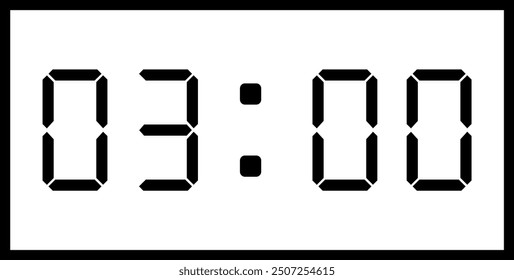 Vector flat illustration of a digital clock displaying 03:00 . Illustration of alarm with digital number design. Clock icon for hour, watch, alarm signs.