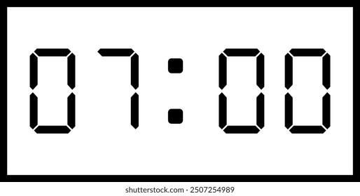 Vector flat illustration of a digital clock displaying 07:00 . Illustration of alarm with digital number design. Clock icon for hour, watch, alarm signs.: