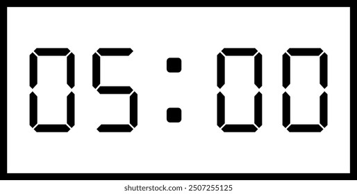 Vector flat illustration of a digital clock displaying 05:00 . Illustration of alarm with digital number design. Clock icon for hour, watch, alarm signs.