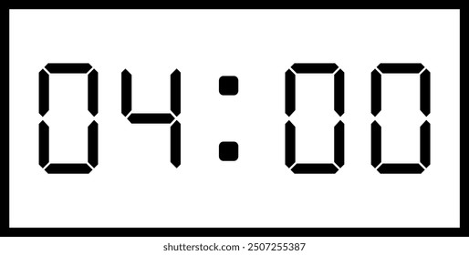 Vector flat illustration of a digital clock displaying 04:00 . Illustration of alarm with digital number design. Clock icon for hour, watch, alarm signs.