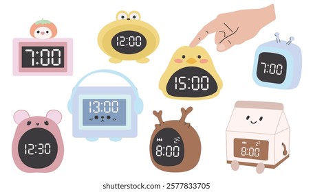 Vector flat illustration of a digital clock displaying. Illustration of alarm with digital number design. Cute illustration in a childish style