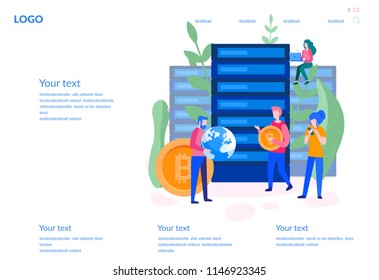 Vector flat illustration digital currency and mining-farm for web page, banner, presentation, social media, documents, cards, posters. the digital money market, investments, trade, creation of bitcoin