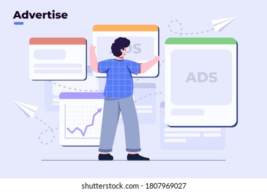 vector flat illustration digital marketing, advertise. people placing ads, ads space concept, website digital content ads, product ads, internet online promotion. with data analytics. UI/UX, banner.