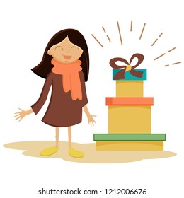 Vector flat illustration displaying little kid standing and watching her presents for new year holiday at night time