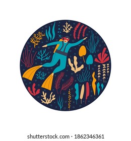 Vector flat illustration with a diver. Diving. Underwater world