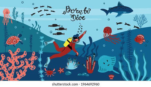 Vector flat illustration with a diver. Diving. Underwater world. marine animals. algae, shark, jellyfish. diving doodle. flat