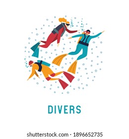 Vector flat illustration with divers. Diving