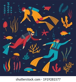 Vector flat illustration  with divers on a dark background. Diving. Underwater world