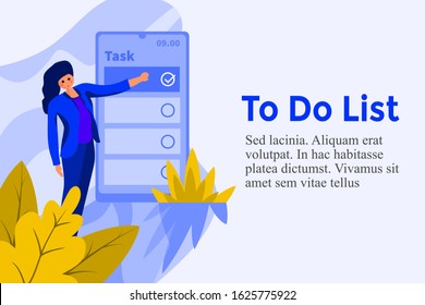 vector flat illustration to do list or planning task concept with floral element. smartphone to do list application. people done one to do list task. can be used for website blog landing page apps. 