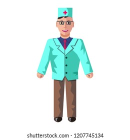 The vector flat illustration of doctor with the green bathrobe.