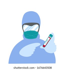  Ilustración plana vectorial. Médico con mascarilla sosteniendo el tubo de ensayo con sangre roja aislado en fondo blanco. Concepto de diagnóstico médico, analiz. Elemento de diseño pancarta de medicina, infografía, afiche