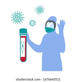  Ilustración plana vectorial. Médico con mascarilla sosteniendo el tubo de ensayo con sangre roja aislado en fondo blanco. Concepto de diagnóstico médico, analiz. Elemento de diseño pancarta de medicina, infografía, afiche
