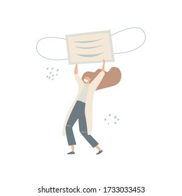 Ilustración vectorial plana de un médico con una máscara protectora que lleva una gran máscara médica protectora. Máscara facial médica. El concepto de llevar máscaras protectoras para prevenir la propagación de la infección.