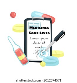 Ilustración vectorial plana con la tableta del médico, donde se adjunta una hoja con documentación médica, prescripción y texto escrito, sellos y firma. Antecedentes en forma de medicamentos ampliados.