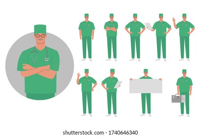Vector flat illustration of doctor set with different poses and emotions