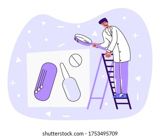 Vector flat illustration doctor standing on staircase, looking through magnifying glass at abstract medicines. Concept clinical pharmacology, therapy. You can use it in banners, social network, etc. 