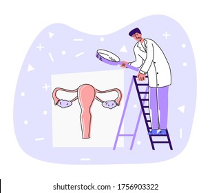 Vektorflache Illustrationsarzt, der auf Treppe steht und durch Lupe auf abstrakte weibliche Genitalorgane schaut. Konzepte Gynäkologie, Geburtshilfe, Unfruchtbarkeit. Banner, soziale Netzwerke usw.
