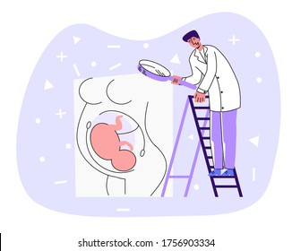 Vector flat illustration doctor standing on staircase, looking through magnifying glass at abstract belly pregnant woman with fetus. Concept obstetrics, gynecology. Banners, social network, etc. 