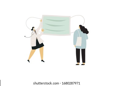 Vector flat illustration - doctors put on a mask to a patient. A coronavirus patient wears a mask. Medical face mask